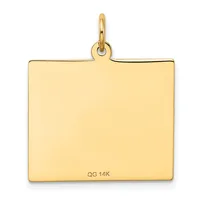 A polished gold rectangular pendant with rounded corners and a gold bail loop at the top, shown against a white background.