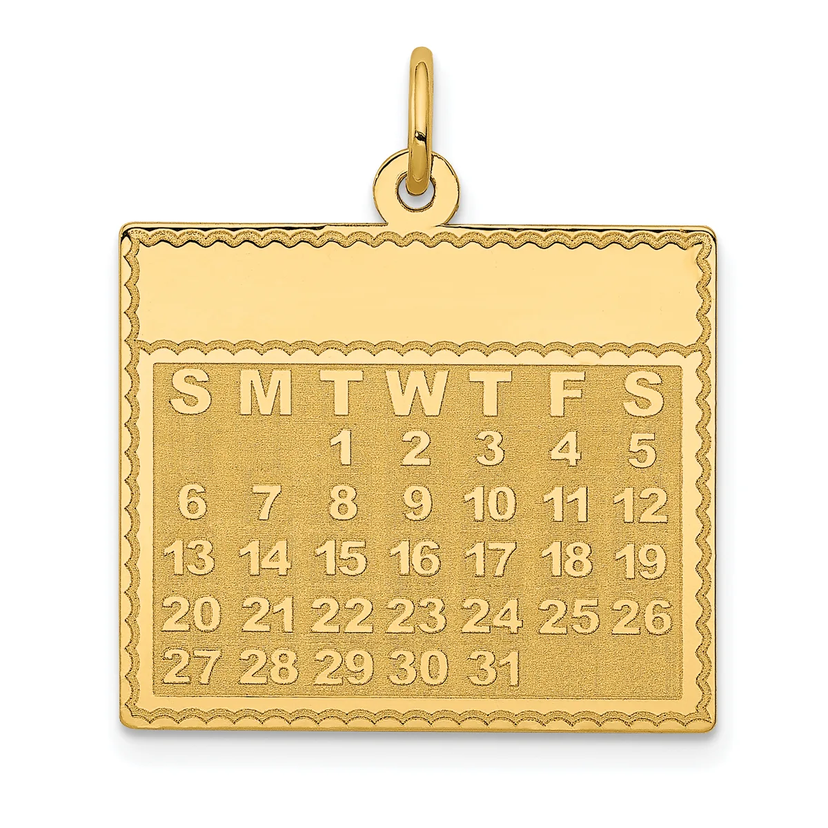 Gold pendant in the shape of a calendar showing all dates of a month with days of the week abbreviated at the top.