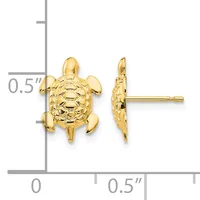 Gold turtle stud earrings shown from front and side view next to a measurement scale indicating approximately half an inch in size.