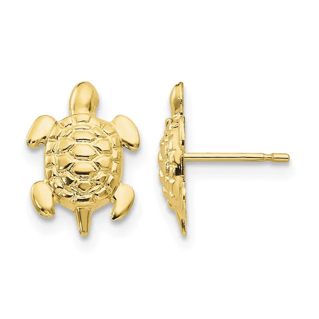 Pair of gold-colored turtle stud earrings shown from front and side views, with detailed shell texturing and post backs.