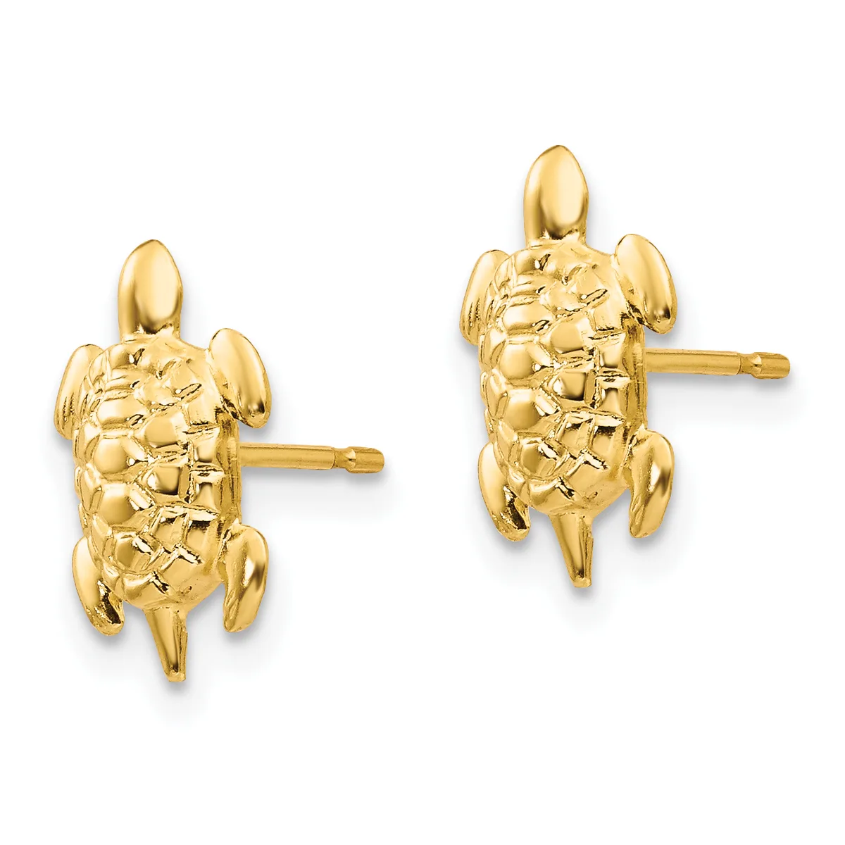 Pair of gold turtle-shaped stud earrings with textured shells and post backs, shown from the front.