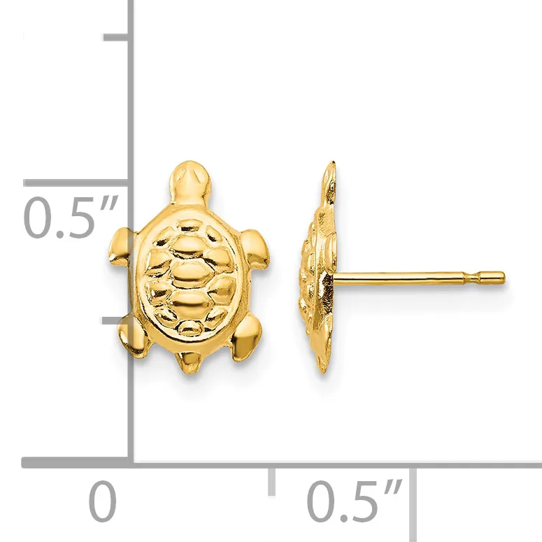 A pair of gold turtle stud earrings shown from front and side views with a measurement scale indicating approximately 0.5 inches in size.