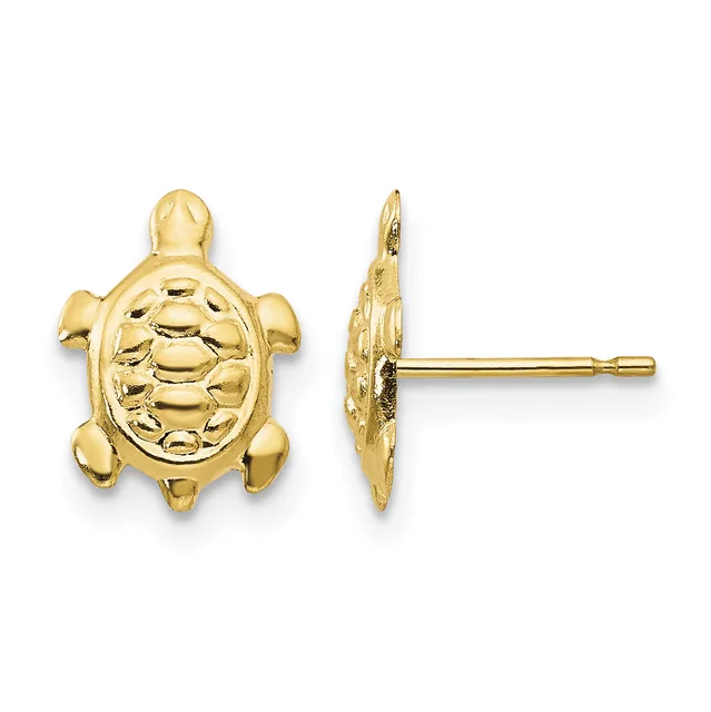 A pair of gold turtle-shaped stud earrings shown from front and side views, with textured shells and sturdy posts.