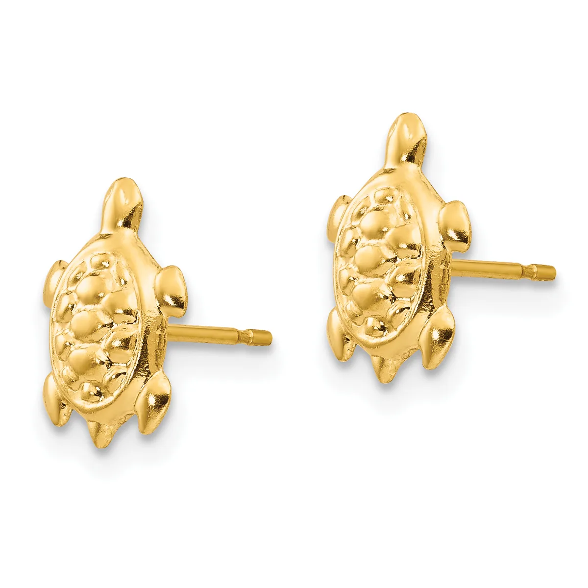 A pair of gold turtle-shaped stud earrings with textured shells and legs, shown from the front against a white background.