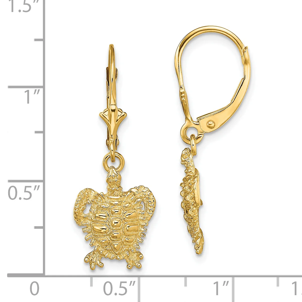 Gold turtle charm earrings with leverback closures, shown next to a ruler measuring approximately one inch in length.