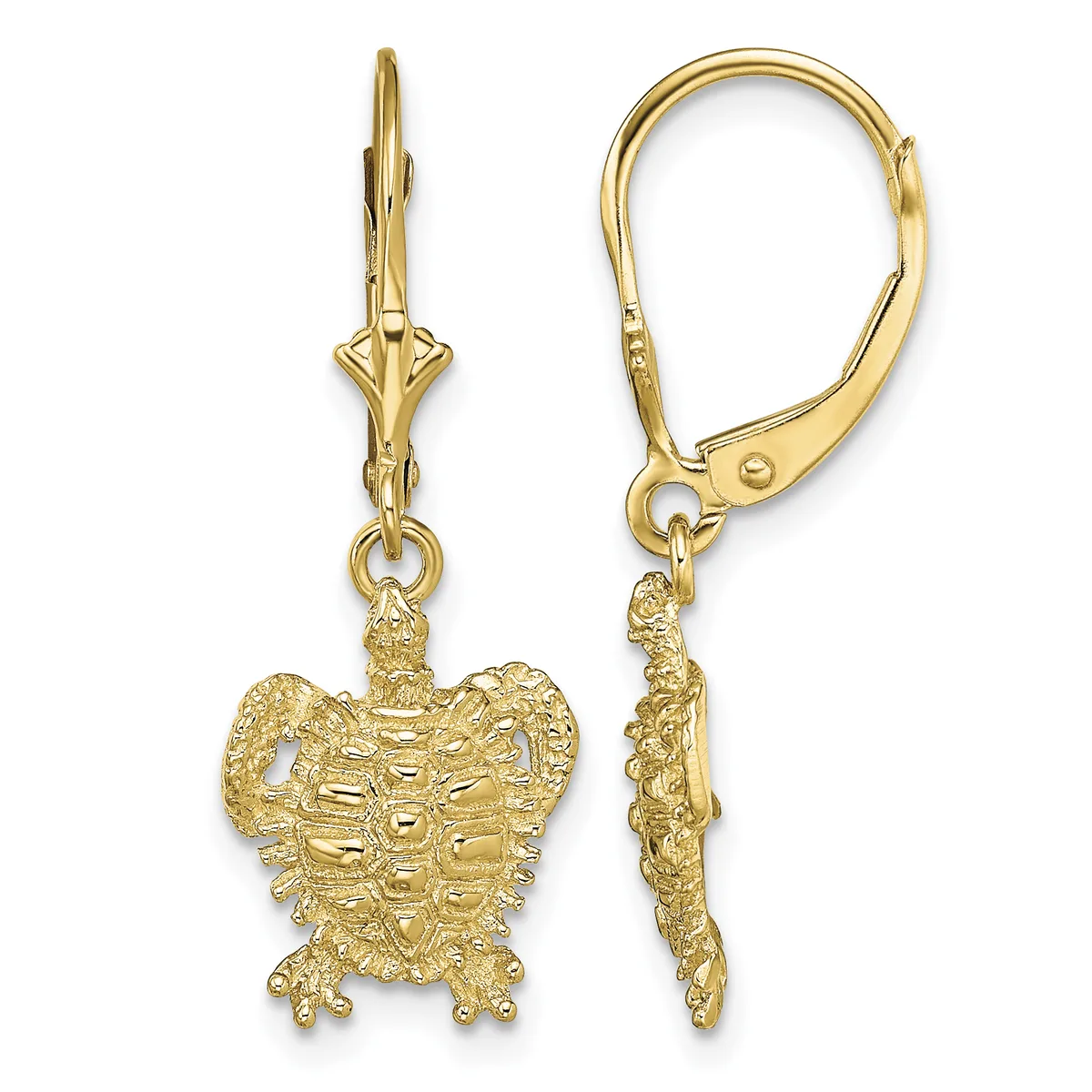 Pair of gold-toned turtle charm earrings with textured detail and lever-back closures, shown from front and back views.