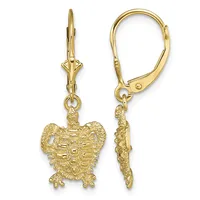 Pair of gold-toned turtle charm earrings with textured detail and lever-back closures, shown from front and back views.
