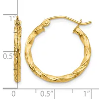 Gold twisted hoop earrings with leverback closures shown next to a ruler indicating approximately one inch in length.