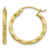 A pair of gold hoop earrings with a twisted diamond-cut texture finish, shown from the front and side view.