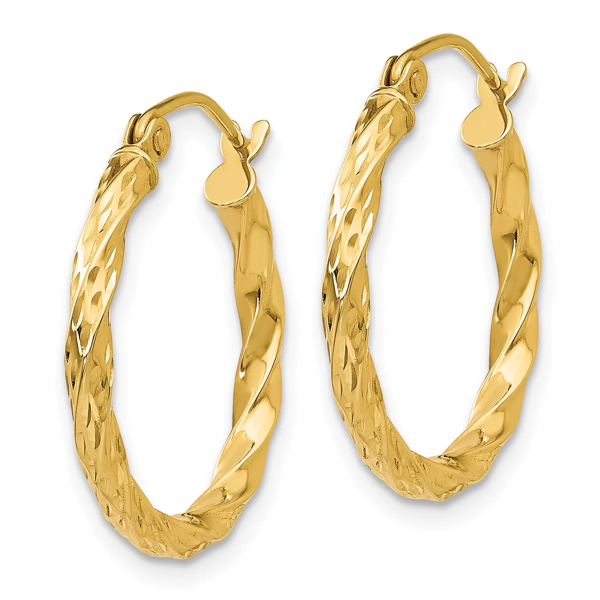 Pair of gold hoop earrings with a textured diamond-cut surface and hinged closures, displayed against a white background.