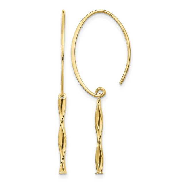 A pair of gold earrings with elongated twisted teardrop pendants hanging from curved ear wires.