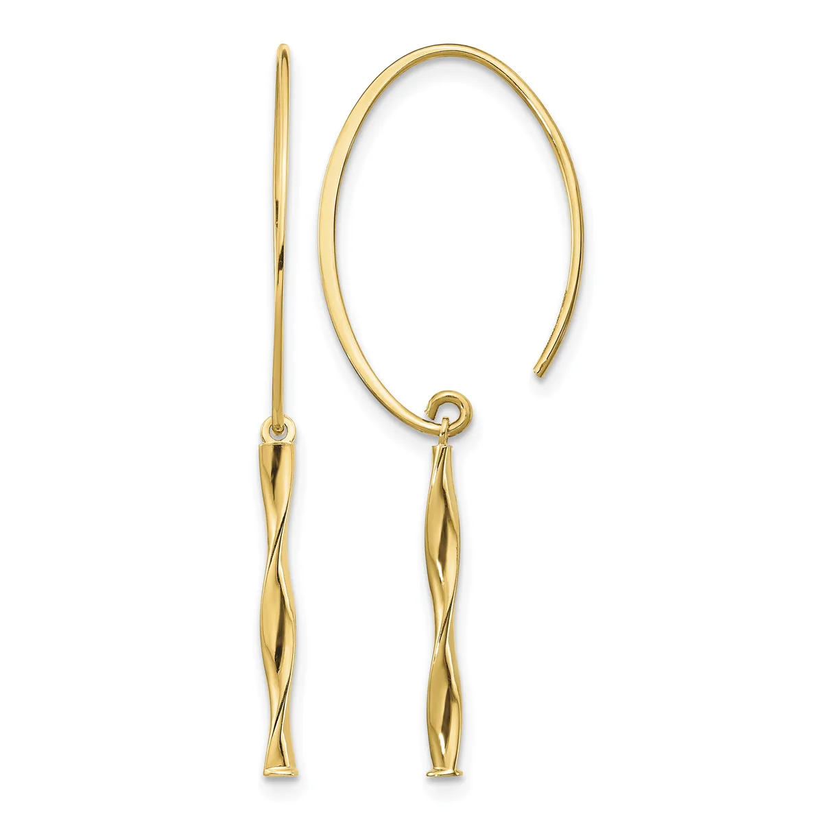 A pair of gold earrings with elongated twisted teardrop pendants hanging from curved ear wires.