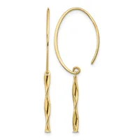 A pair of gold earrings with elongated twisted teardrop pendants hanging from curved ear wires.