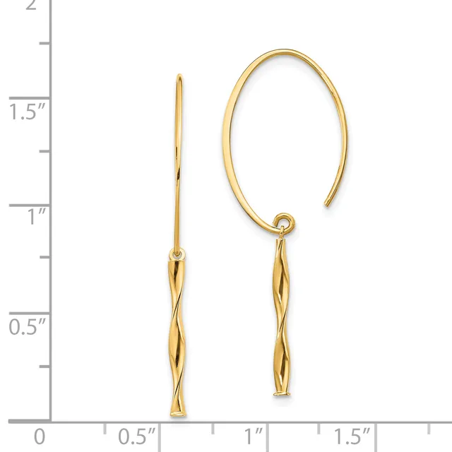 Two gold earrings displayed against a ruler showing measurements up to two inches: a long twisted post earring and an oval loop earring with a twisted drop pendant.