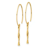Pair of gold-toned drop earrings with elongated twisted wire pendants hanging from curved ear wires.