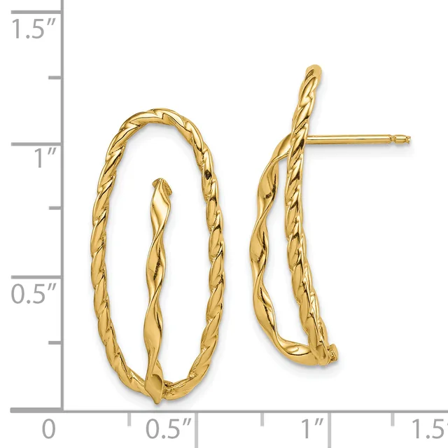 Pair of gold twisted oval post earrings displayed against a ruler showing approximately 1 inch height and 0.5 inch width.