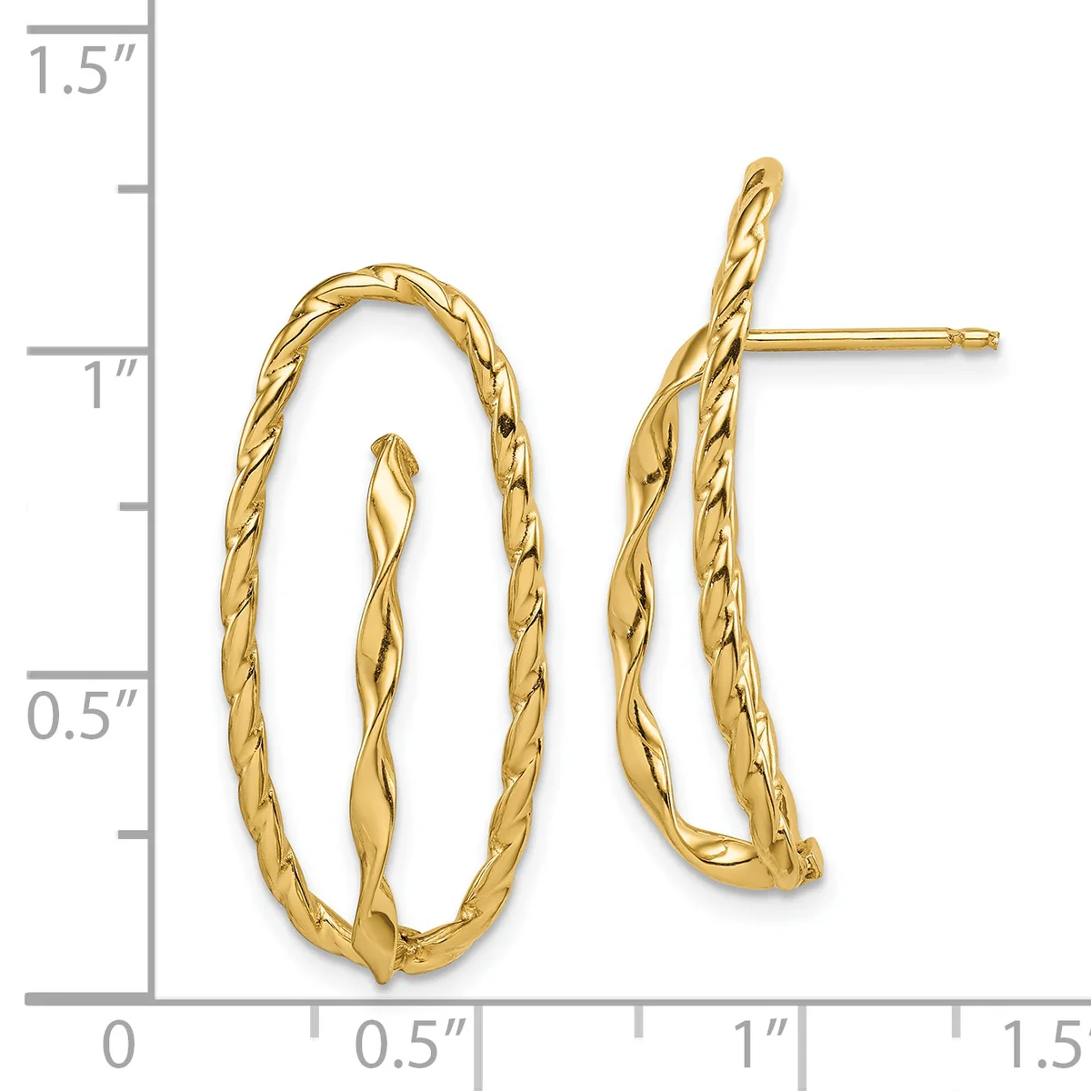 Pair of gold twisted oval post earrings displayed against a ruler showing approximately 1 inch height and 0.5 inch width.