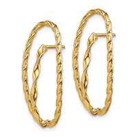 Pair of gold twisted oval hoop earrings with textured surfaces and post backs, displayed against a white background.