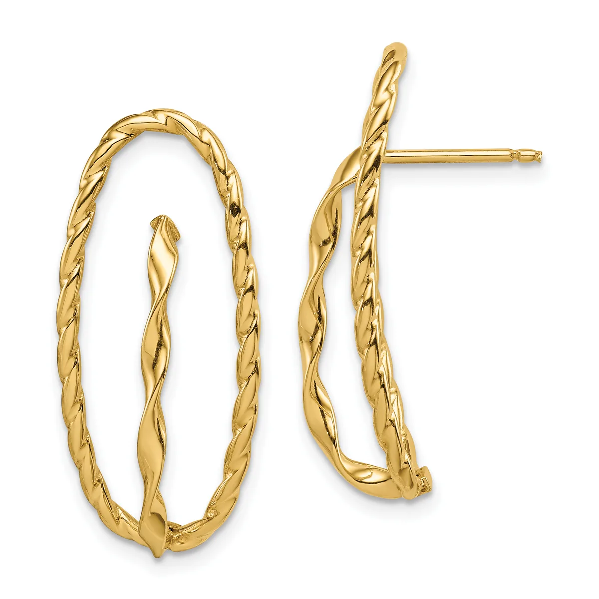 Pair of gold twisted hoop earrings with post and back closures, displayed against a white background.
