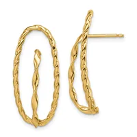Pair of gold twisted hoop earrings with post and back closures, displayed against a white background.