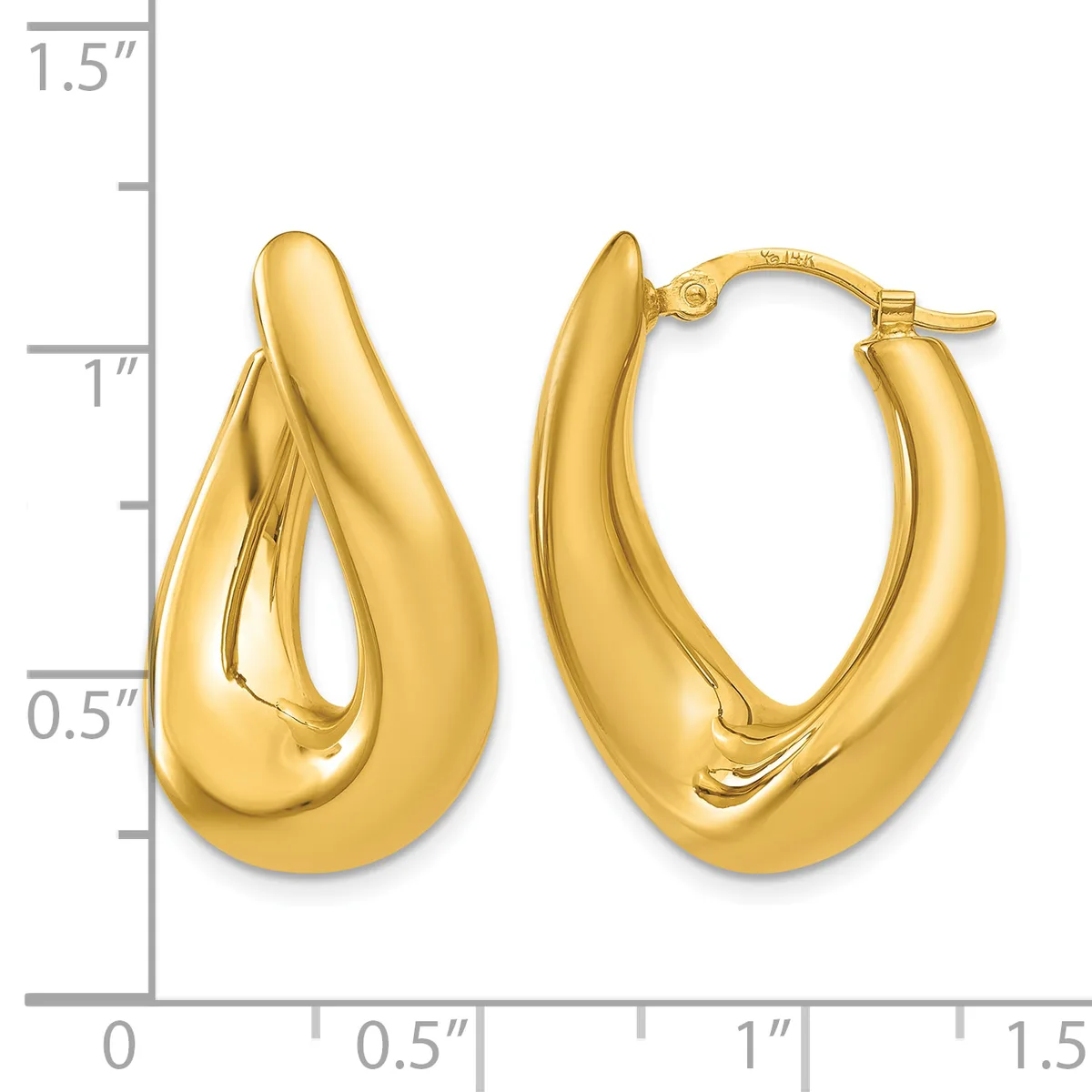 A pair of gold-colored chunky oval hoop earrings with a polished finish, shown against a measurement scale indicating they are approximately 1 inch tall and 0.75 inches wide.