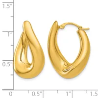 A pair of gold-colored chunky oval hoop earrings with a polished finish, shown against a measurement scale indicating they are approximately 1 inch tall and 0.75 inches wide.