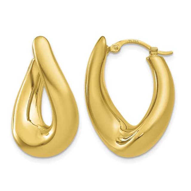 A pair of polished gold-toned teardrop hoop earrings with a hollow, curved design and hinged backs, shown from front and side angles.