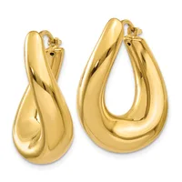Pair of polished gold twisted hoop earrings shown from front and side angles, featuring chunky intertwined bands and post backs with small hallmarks.