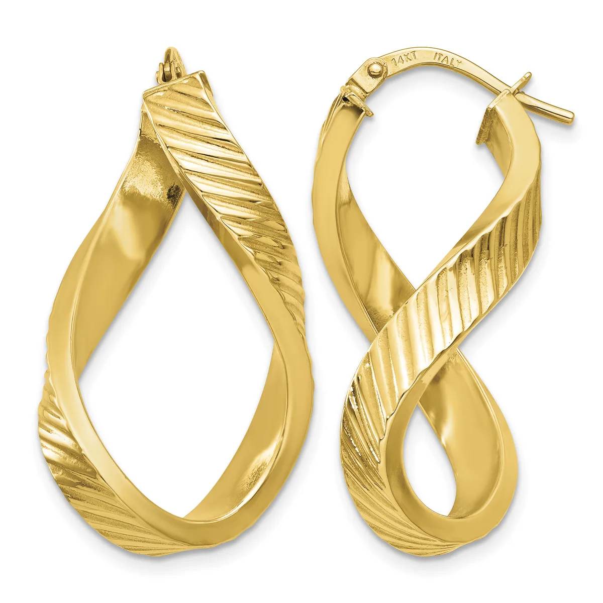 Pair of gold twisted hoop earrings with diagonal striped texture on one side and smooth finish on the other, shown from front and back views.