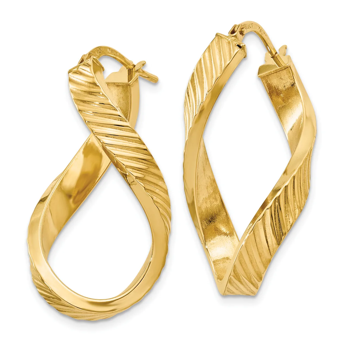A pair of gold twisted hoop earrings with textured surfaces and post closures, displayed side by side.