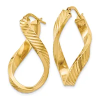 A pair of gold twisted hoop earrings with textured surfaces and post closures, displayed side by side.
