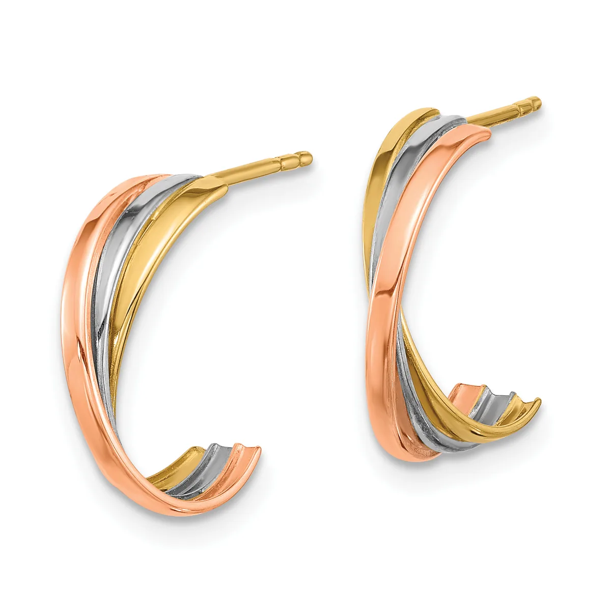 Pair of tricolor hoop earrings with rose, white, and yellow gold bands twisted together, shown from the front with post and clutch backs.