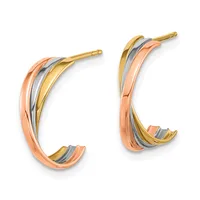 Pair of tricolor hoop earrings with rose, white, and yellow gold bands twisted together, shown from the front with post and clutch backs.