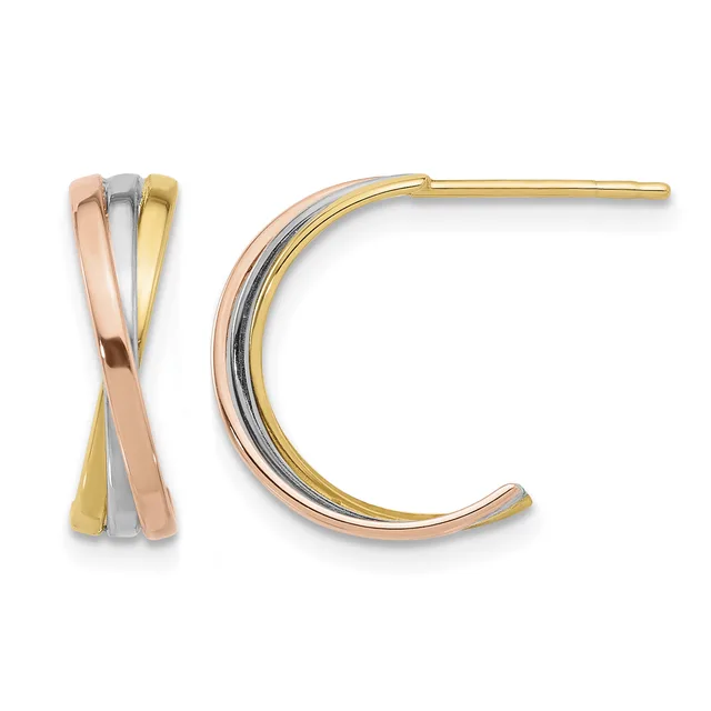 Pair of tricolor hoop earrings in rose, white, and yellow gold displayed front and side view against a white background.