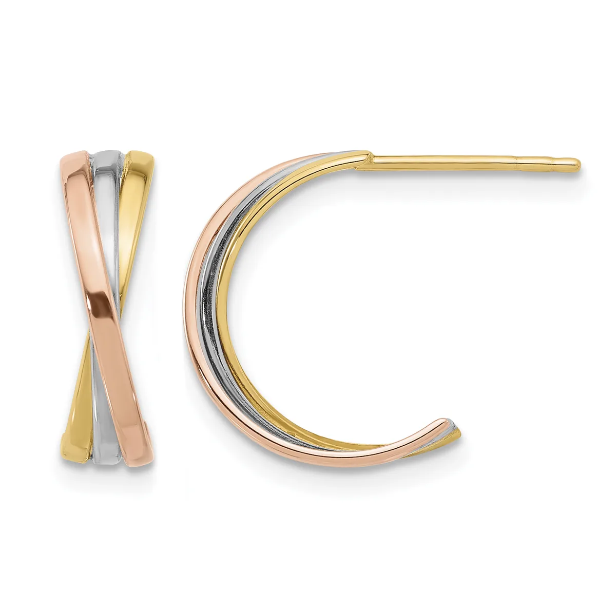 Pair of tricolor hoop earrings in rose, white, and yellow gold displayed front and side view against a white background.