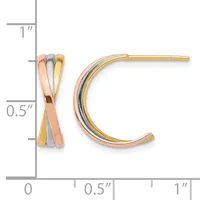 Tricolor hoop earrings in rose, white, and yellow gold shown next to a measurement scale indicating approximately 0.75 inches in diameter.