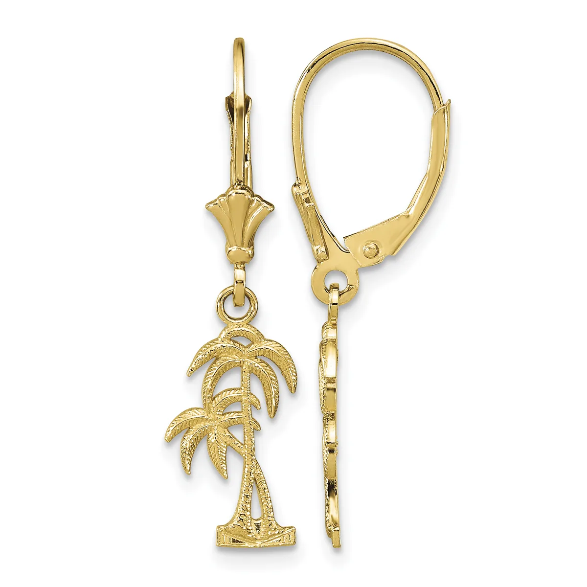 A pair of gold lever-back earrings with textured palm tree charms hanging from decorative cone-shaped tops.