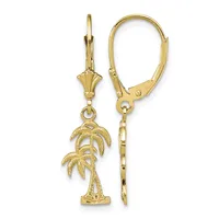 A pair of gold lever-back earrings with textured palm tree charms hanging from decorative cone-shaped tops.