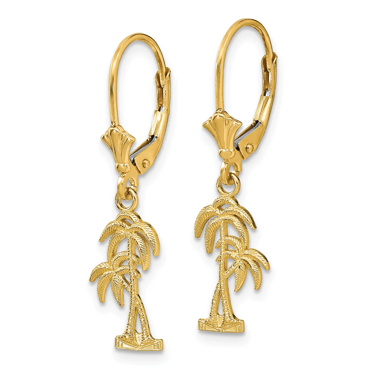 Pair of gold-colored leverback earrings with palm tree charms hanging from decorative caps.