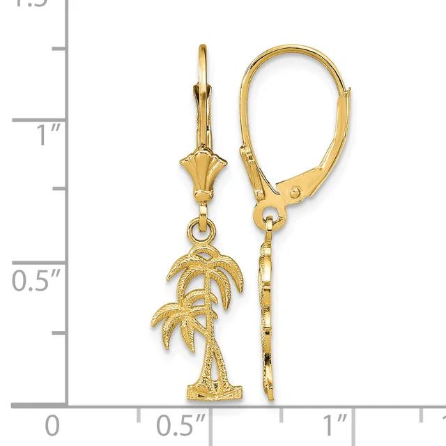 Gold-toned palm tree charm earrings with leverback closures displayed next to a measurement scale showing approximately one inch in length.