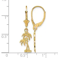 Gold-toned palm tree charm earrings with leverback closures displayed next to a measurement scale showing approximately one inch in length.