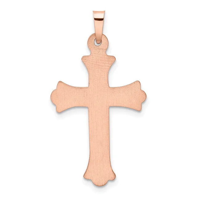 Rose gold cross pendant with flared arms and rounded lobes, displayed against a white background with a small hallmark visible near the bail.