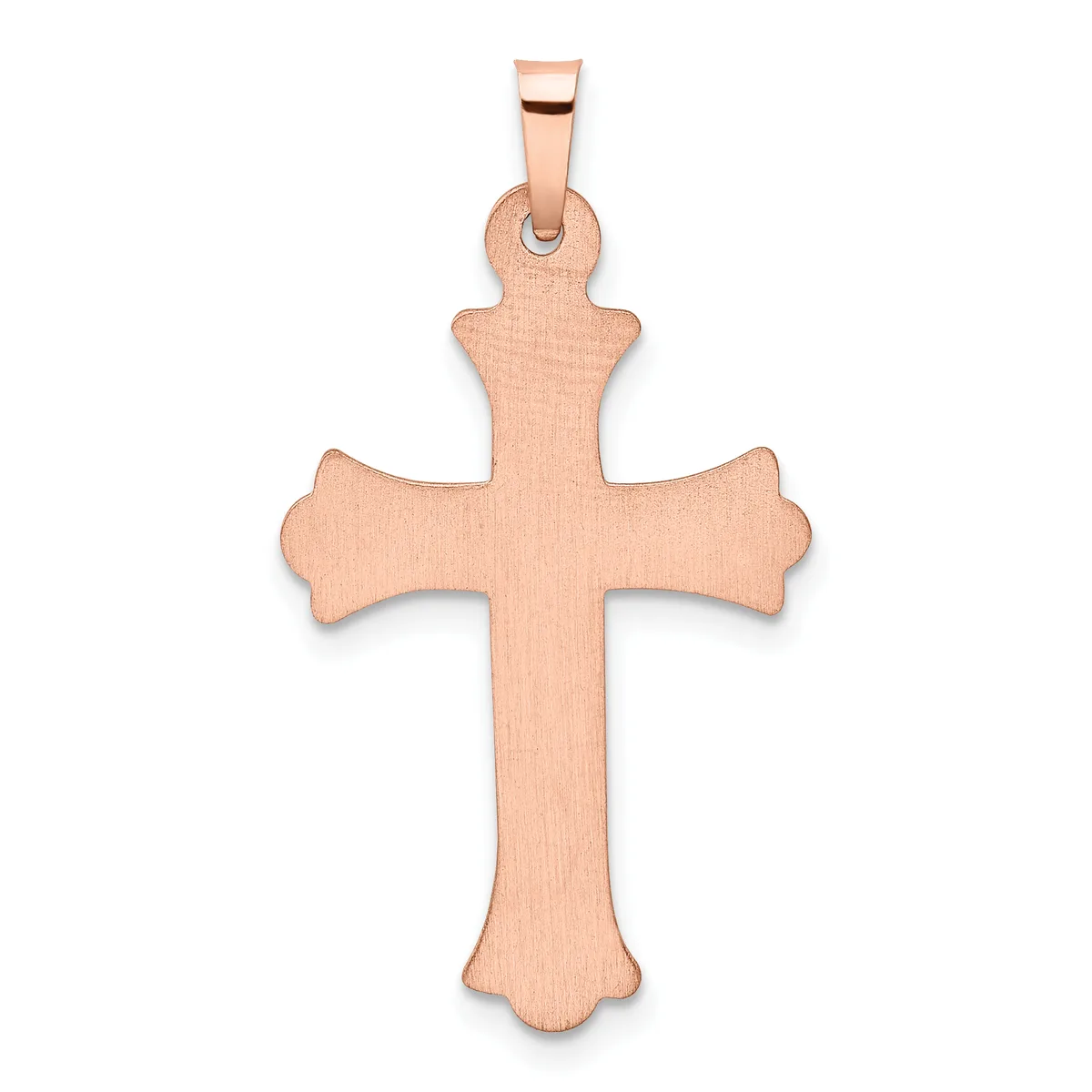 Rose gold cross pendant with flared arms and rounded lobes, displayed against a white background with a small hallmark visible near the bail.
