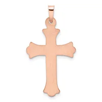 Rose gold cross pendant with flared arms and rounded lobes, displayed against a white background with a small hallmark visible near the bail.