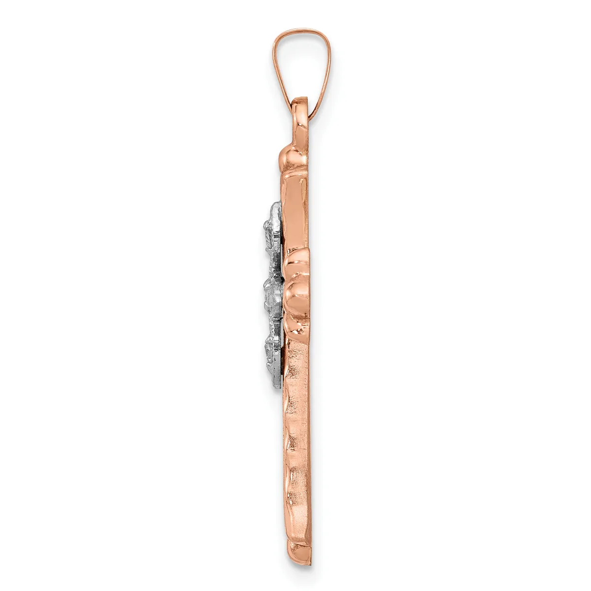 Rose gold pendant with oval loop bail at top, rectangular hammered face, and small white gemstone accent on left side, shown hanging vertically.
