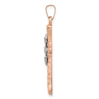 Rose gold pendant with oval loop bail at top, rectangular hammered face, and small white gemstone accent on left side, shown hanging vertically.