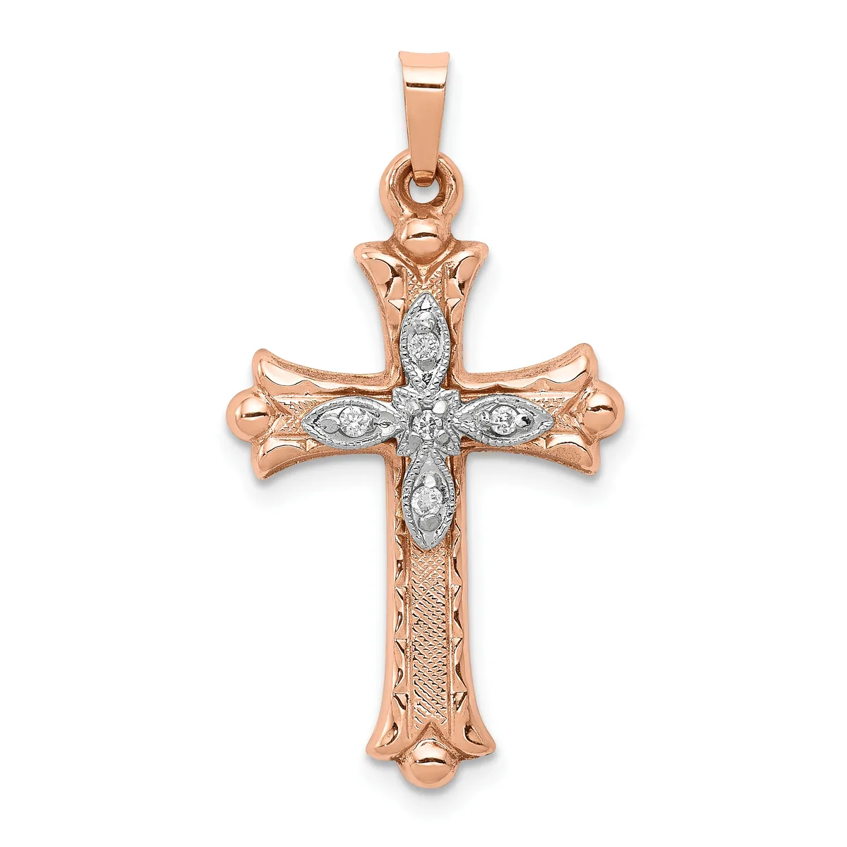 Rose gold cross pendant with white diamond accents arranged in a cross pattern down the center, featuring decorative curved arms and textured sides.