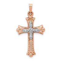 Rose gold cross pendant with white diamond accents arranged in a cross pattern down the center, featuring decorative curved arms and textured sides.