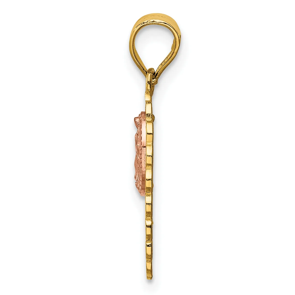 Gold pendant with a loop top and decorative pink enameled charm hanging from a segmented chain, shown vertically against a white background.