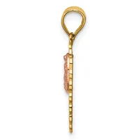 Gold pendant with a loop top and decorative pink enameled charm hanging from a segmented chain, shown vertically against a white background.